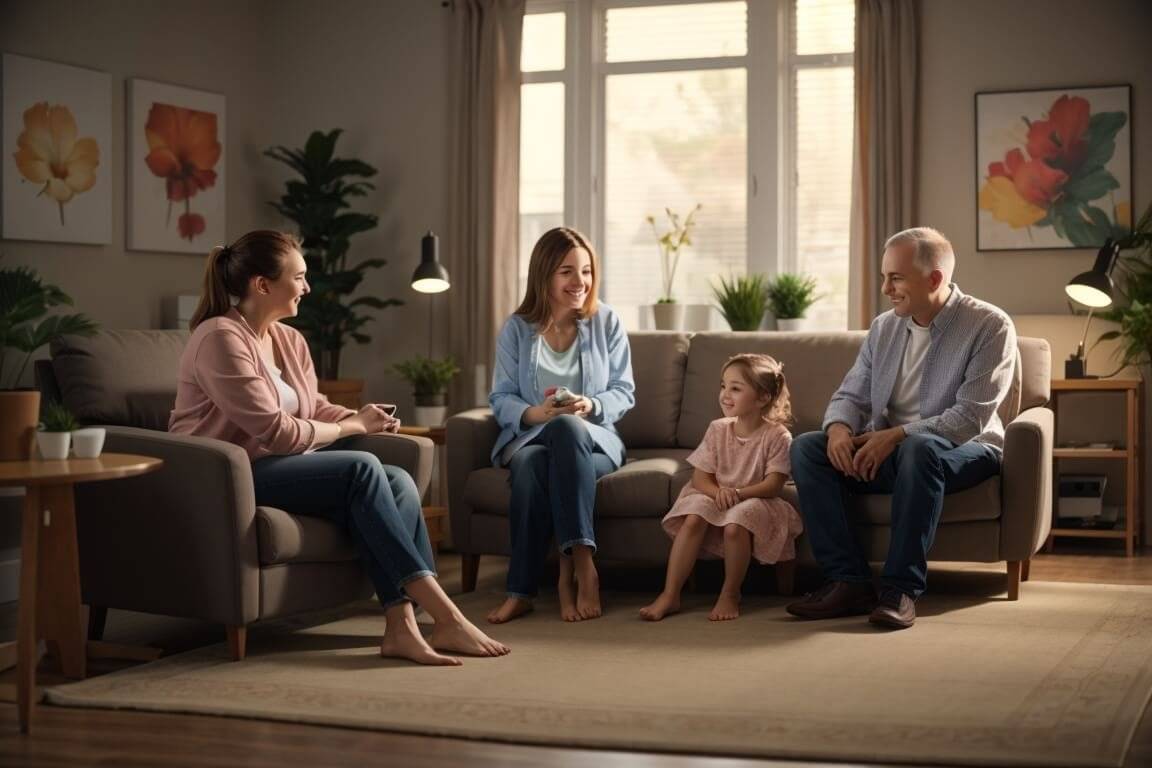 Família reunida no sofá da sala, conversando com calma
