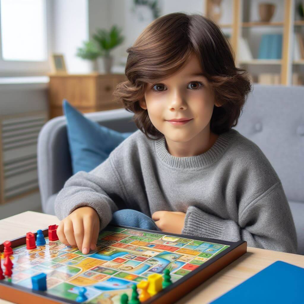 Criança concentrada brincando com um jogo de tabuleiro colorido sobre a mesa