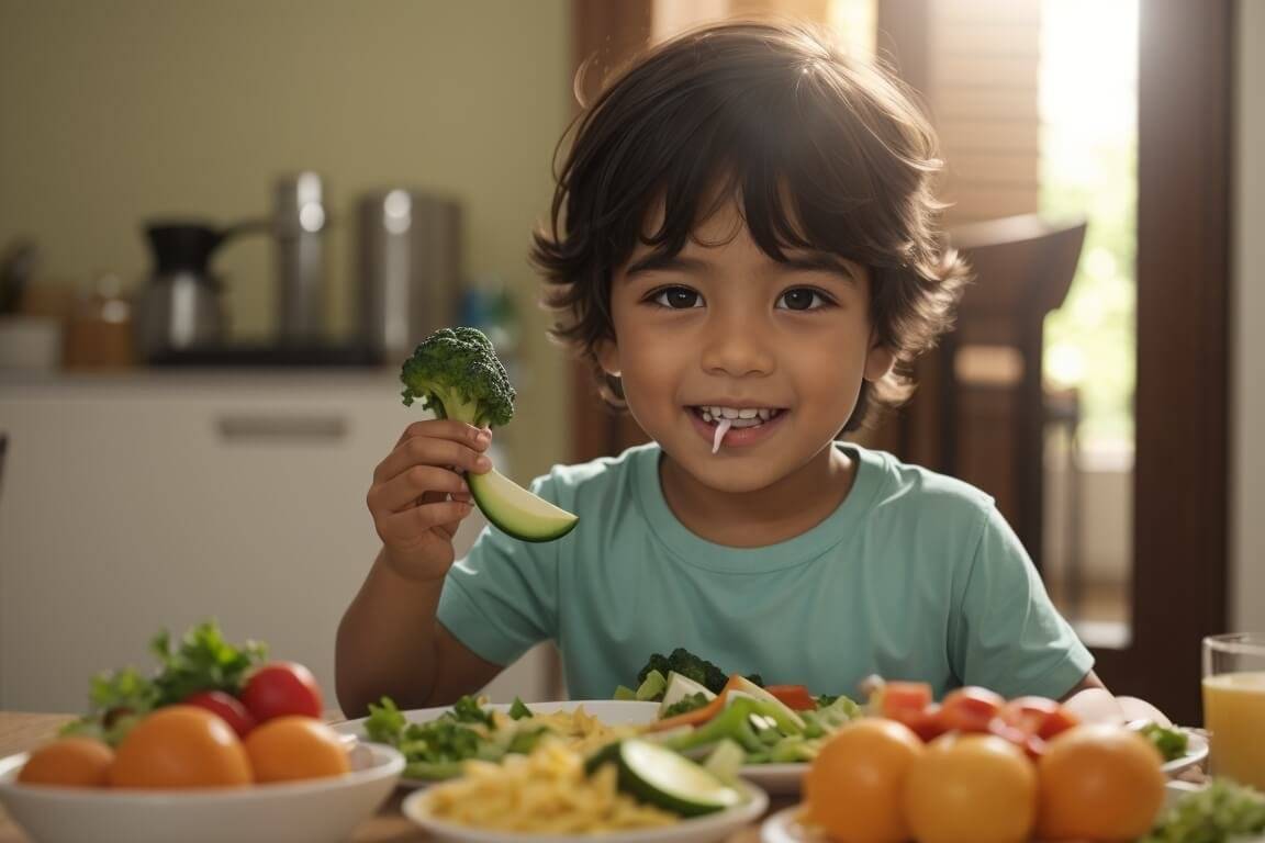 Menino sorridente à mesa, segurando um pedaço de brócolis, com pratos de legumes e frutas